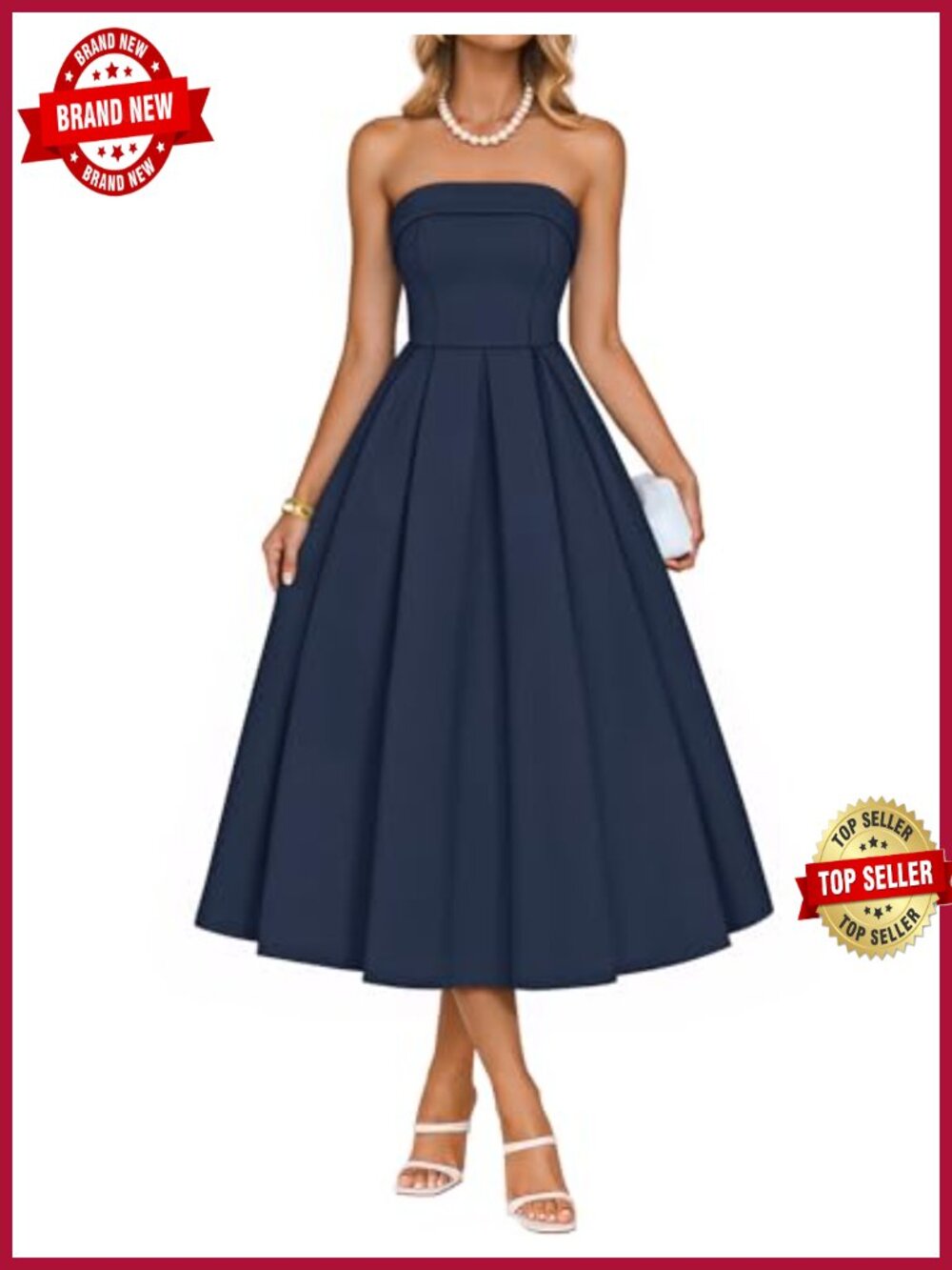 Strapless Ruched Midi Dress with Pockets Sleeveless Cocktail Party
